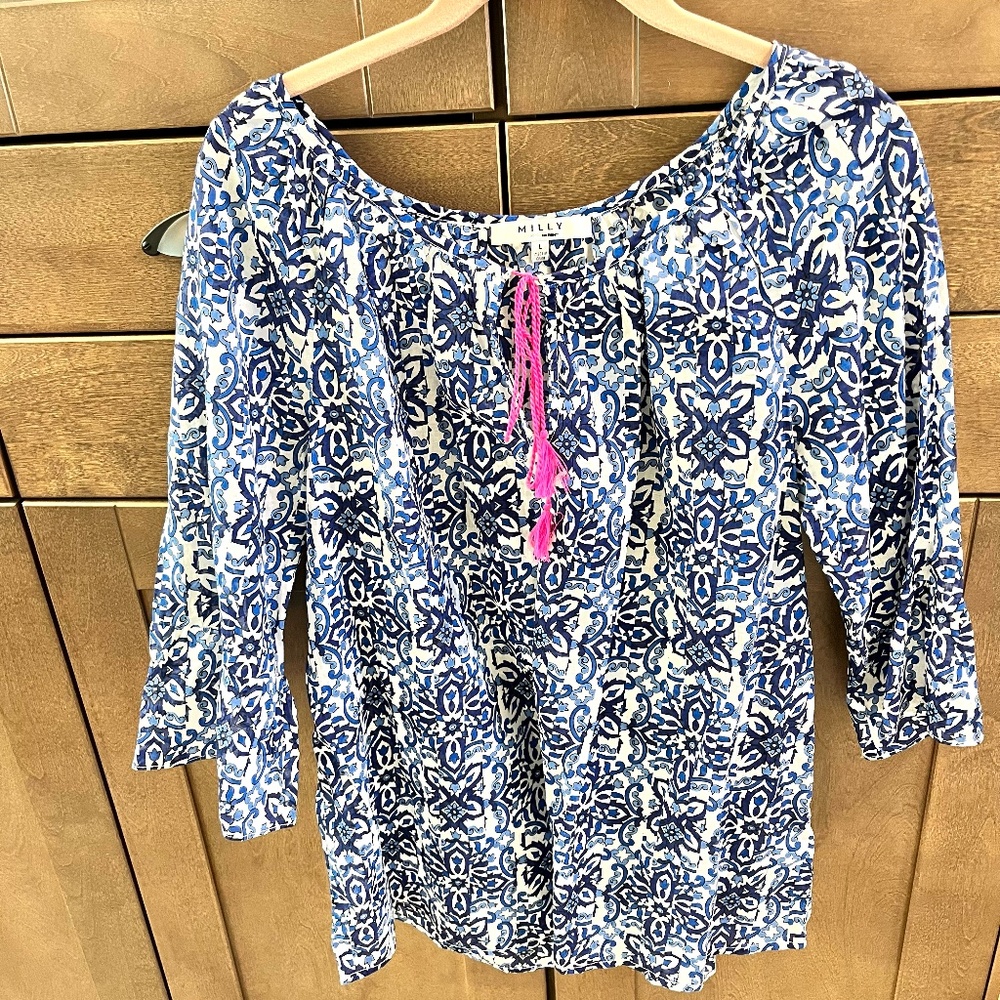 Milly New York By Design Boho Cotton Navy And White Shirt L